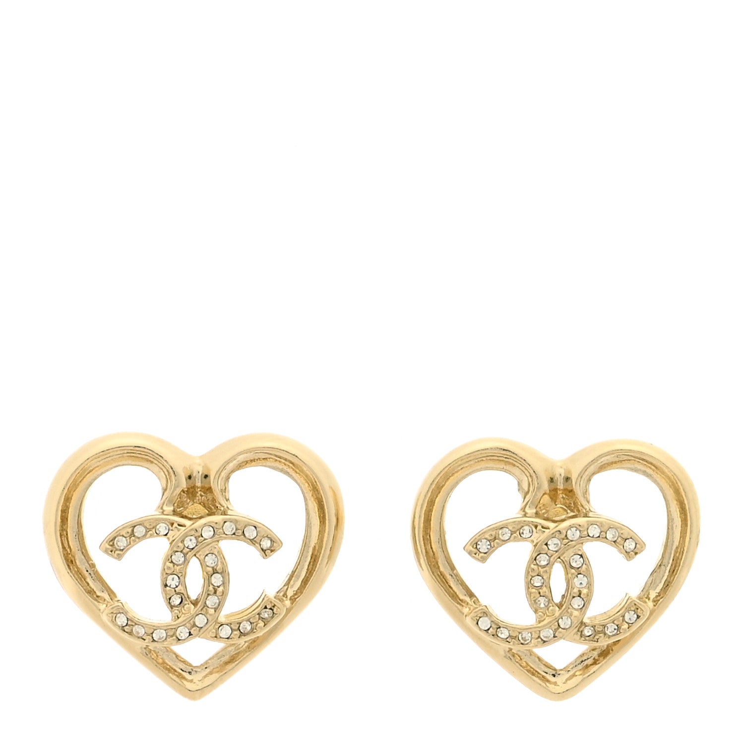 Chanel Metal Crystal CC Logo Heart Earrings Gold 1 of 3