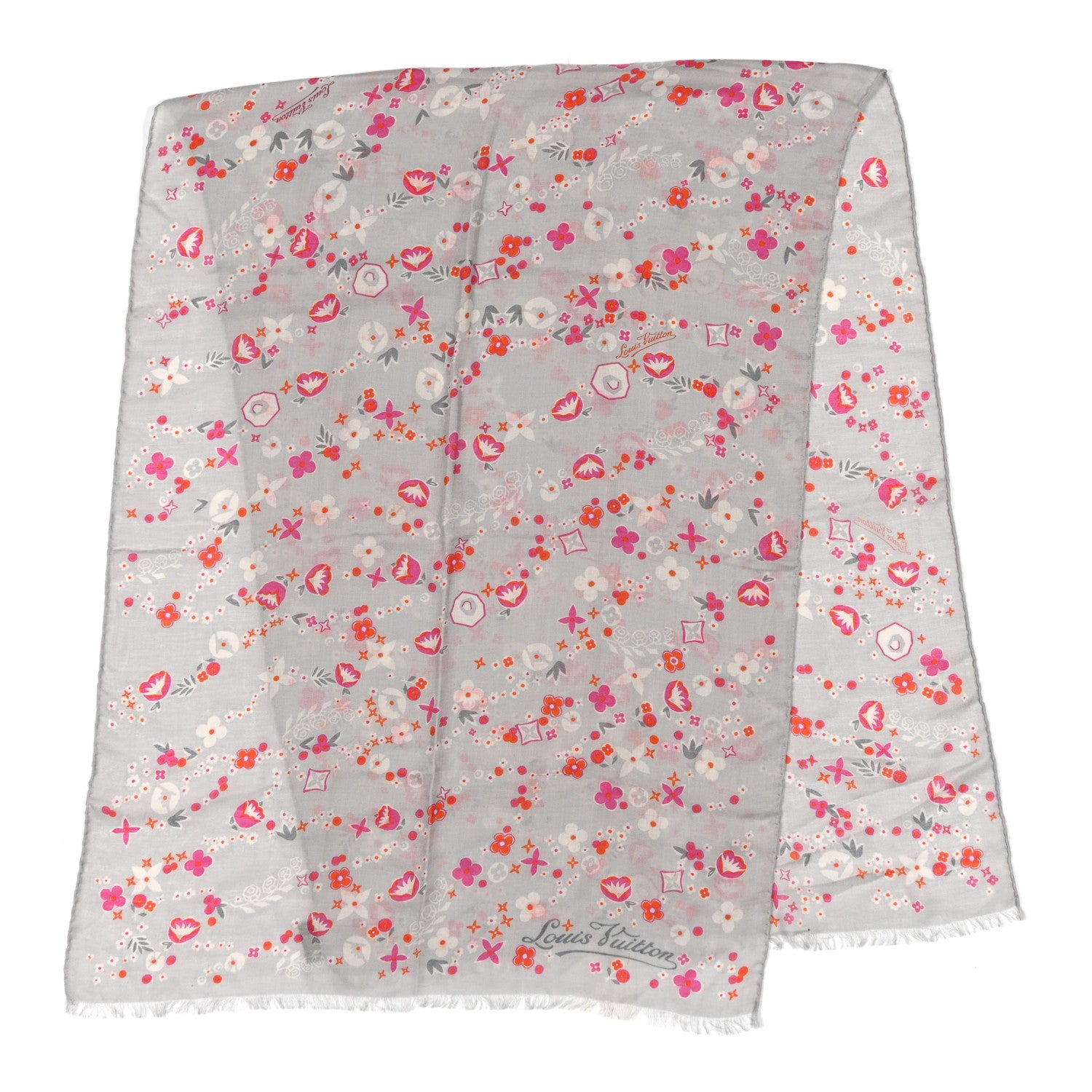 LOUIS VUITTON ストール　スカーフ　カシミヤ　フラワータイル Louis Vuitton Cashmere Silk Wool Floral Stole Grey 1864818