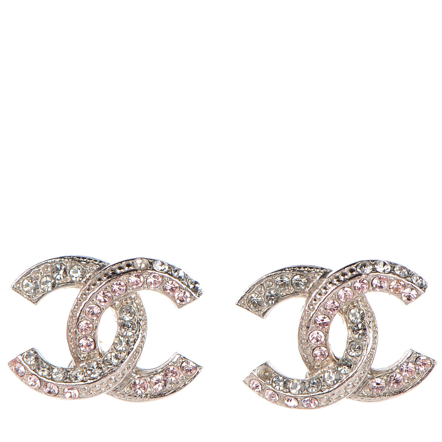 Chanel Crystal CC Earrings Silver Pink 1 of 6