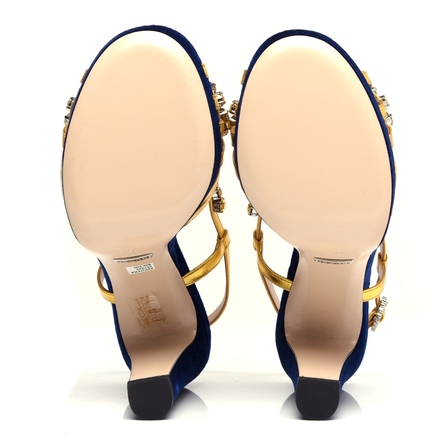 Velvet Nappa Crystal Zephyra Slingback Platform High Heel Sandals 37.5 Blue Gold