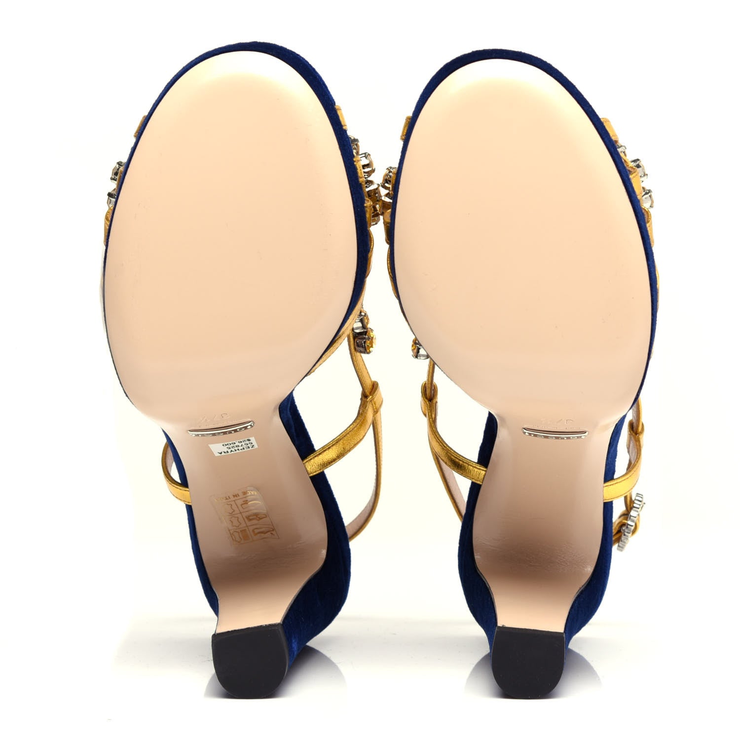 Gucci Velvet Nappa Crystal Zephyra Slingback Platform High Heel Sandals 37.5 Blue Gold 6 of 10