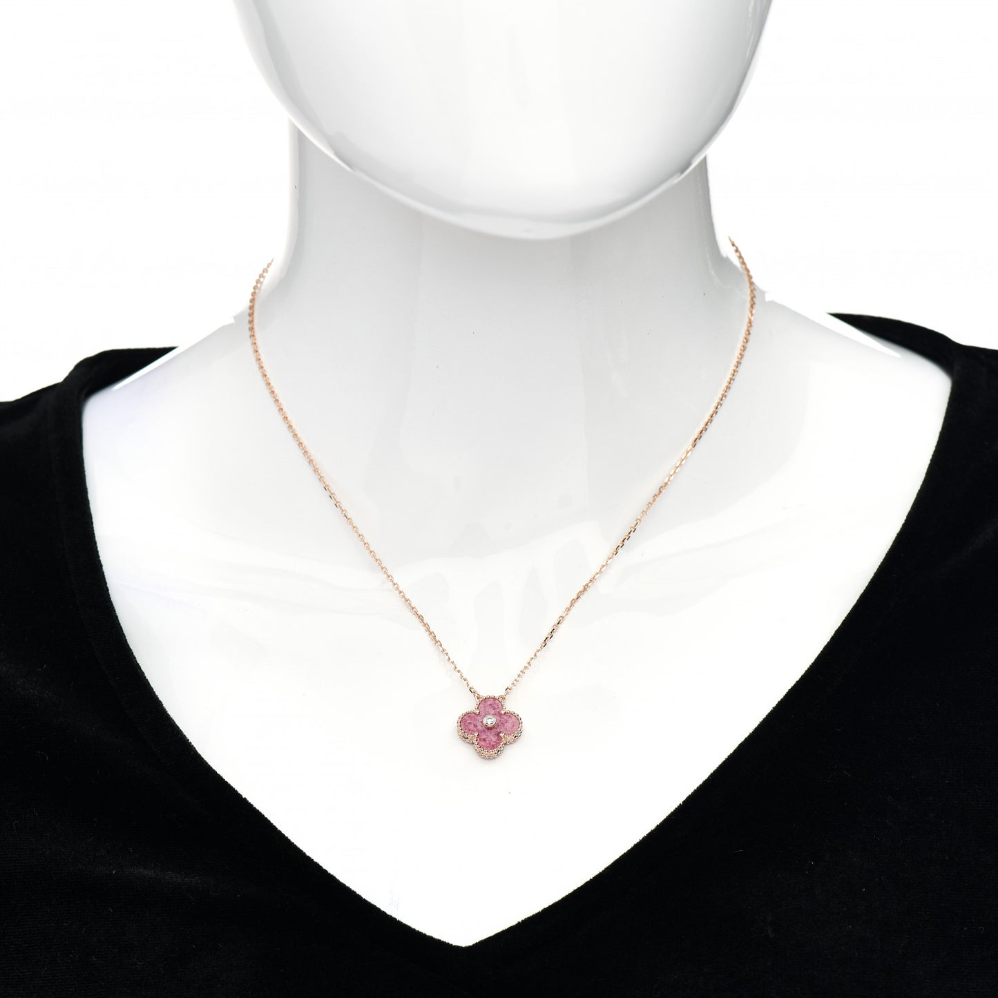 18K Rose Gold Diamond Rhodonite Vintage Alhambra Pendant Necklace