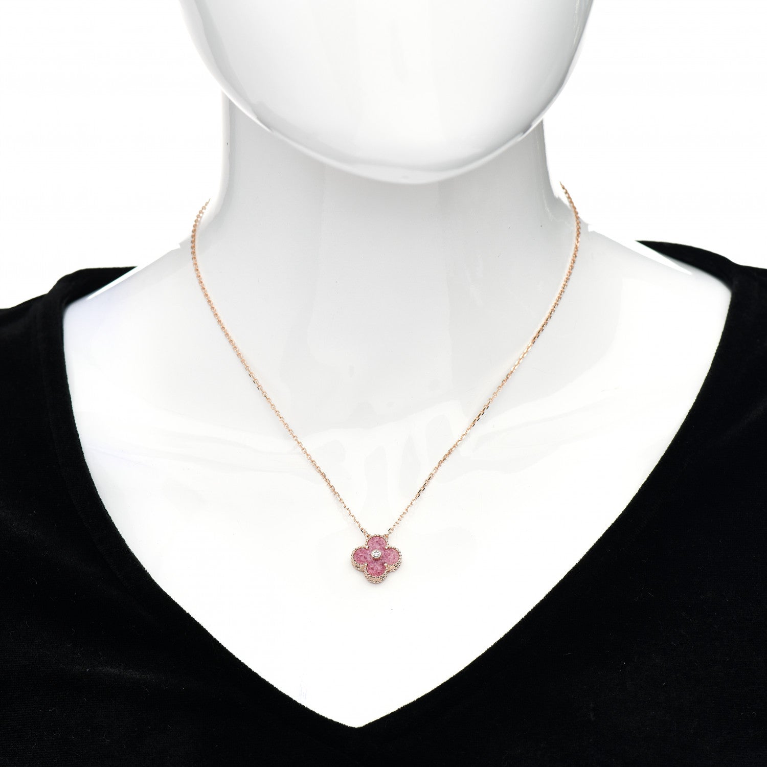 Van Cleef & Arpels 18K Rose Gold Diamond Rhodonite Vintage Alhambra Pendant Necklace 2 of 5