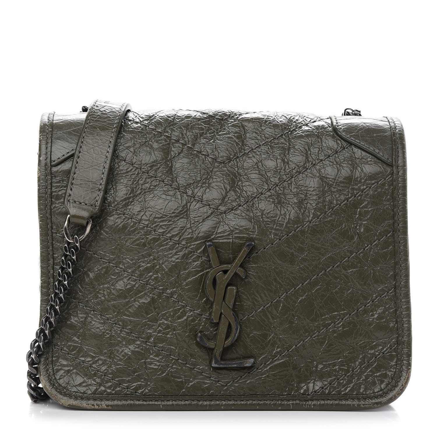 Saint Laurent Crinkled Calfskin Matelasse Monogram Niki Chain Wallet Khaki Militaire 1 of 12