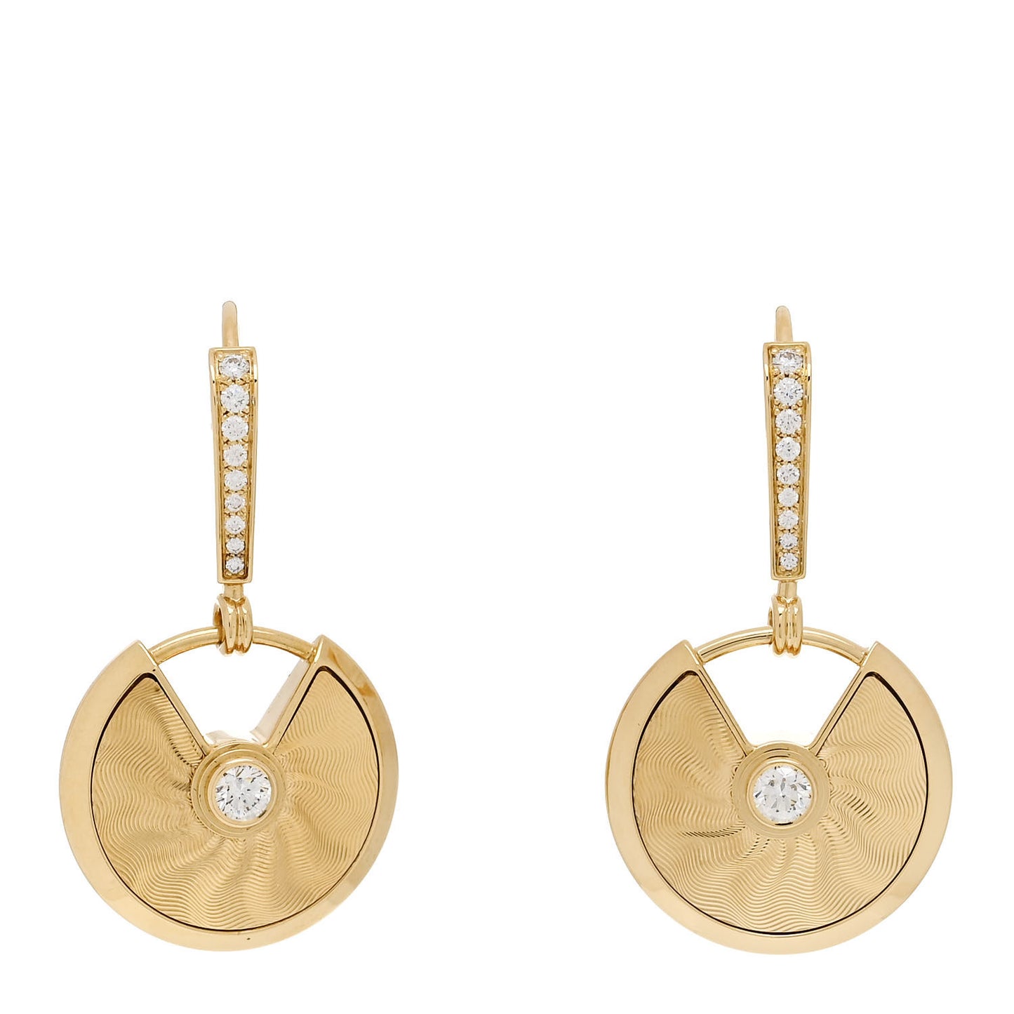 18K Yellow Gold Diamond Guiloche Amulette de Cartier Drop Earrings