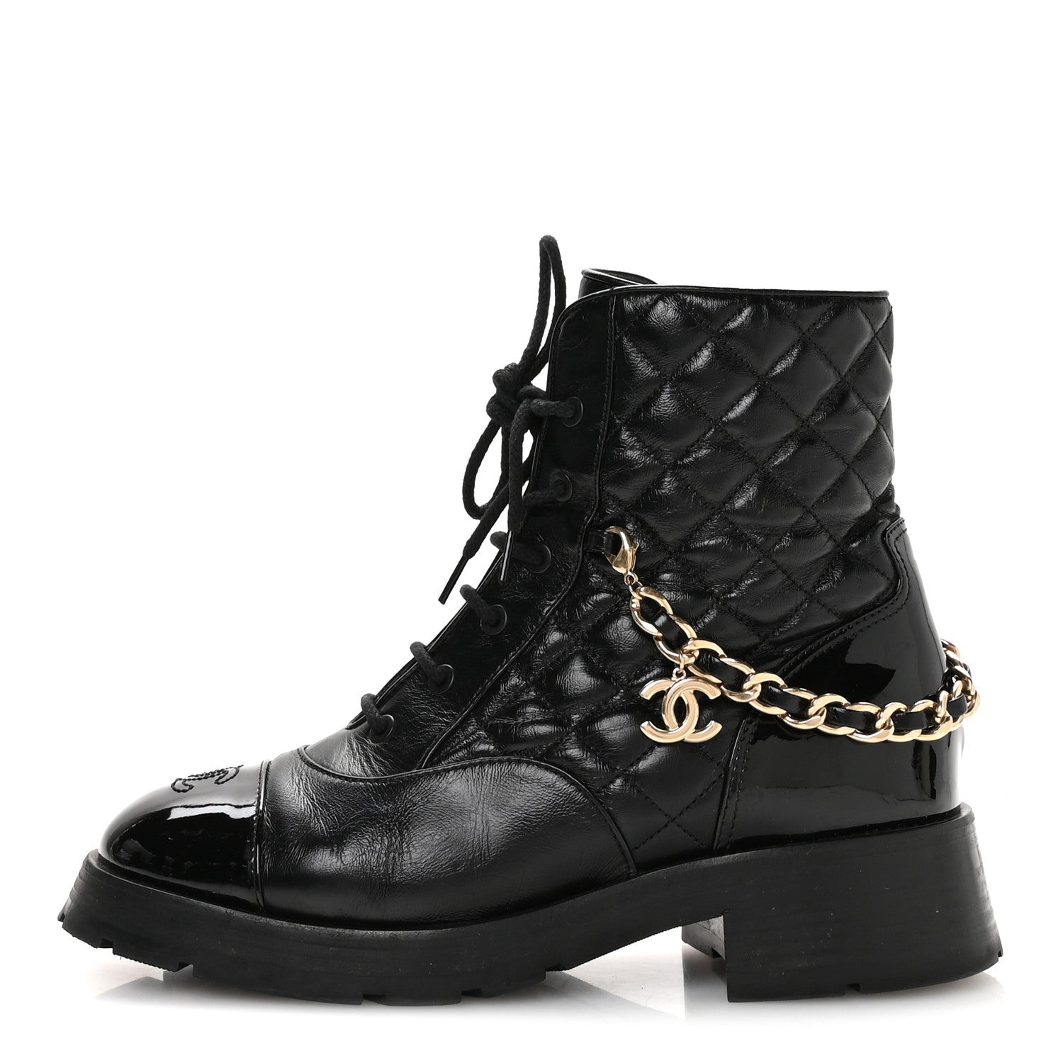 Chanel Shiny Calfskin Patent Quilted Chain Lace Up Combat Boots 40.5 Black 1 of 9