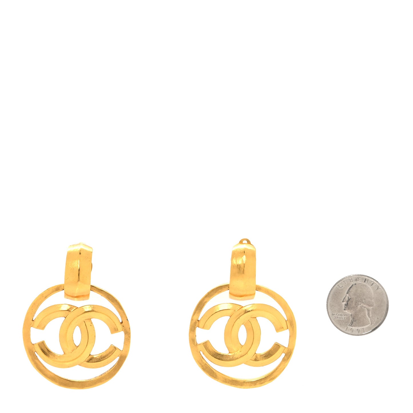 Metal Round CC Drop Clip On Earrings Gold
