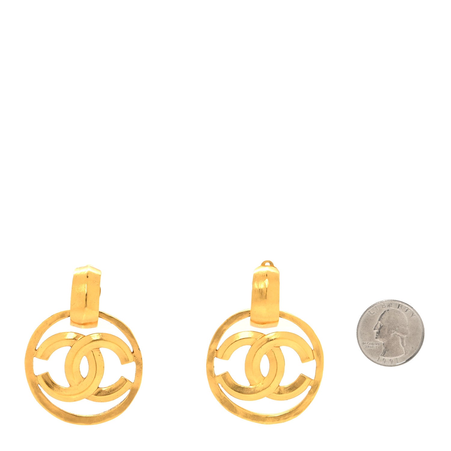 Chanel Metal Round CC Drop Clip On Earrings Gold 2 of 4