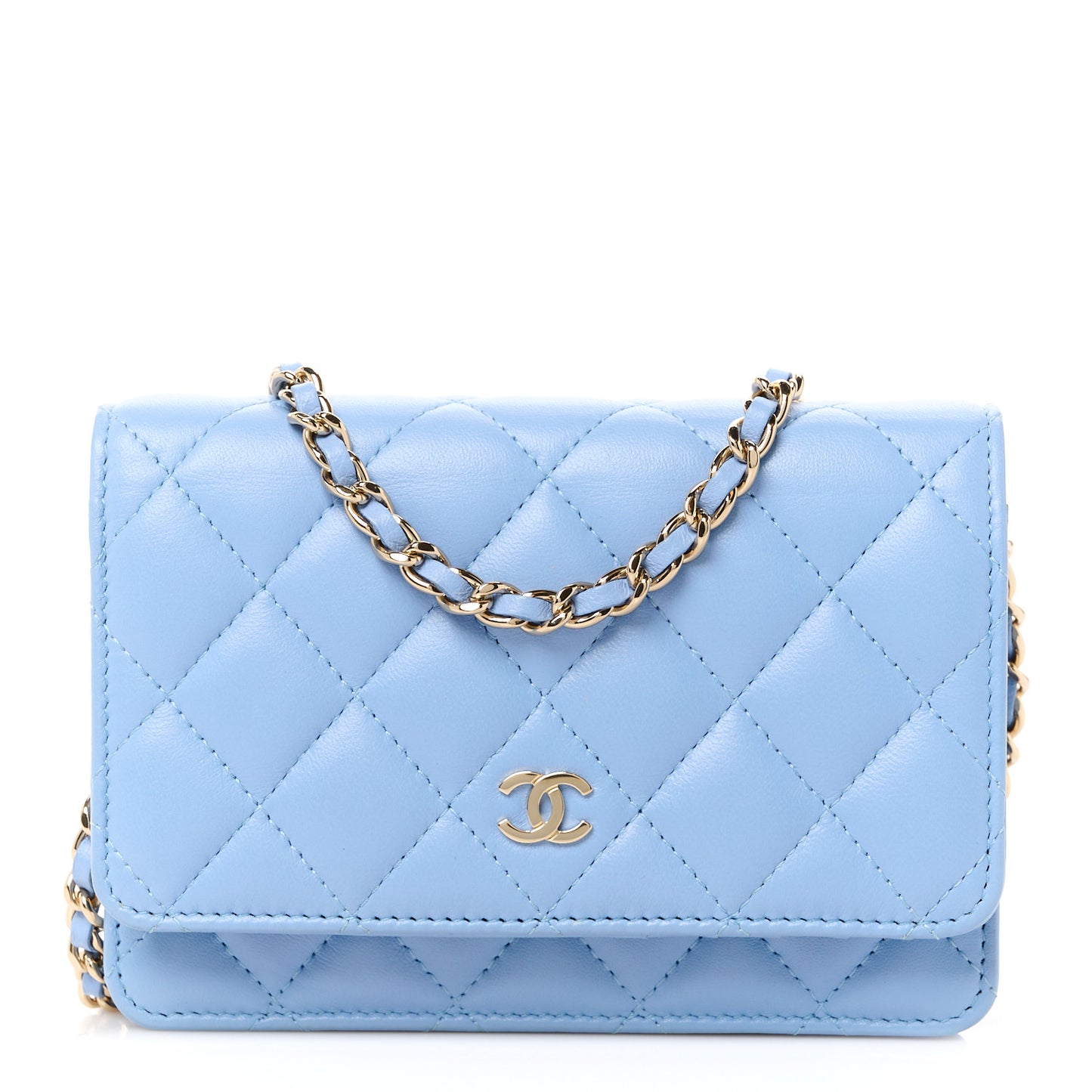 Lambskin Quilted Mini Wallet On Chain WOC Light Blue