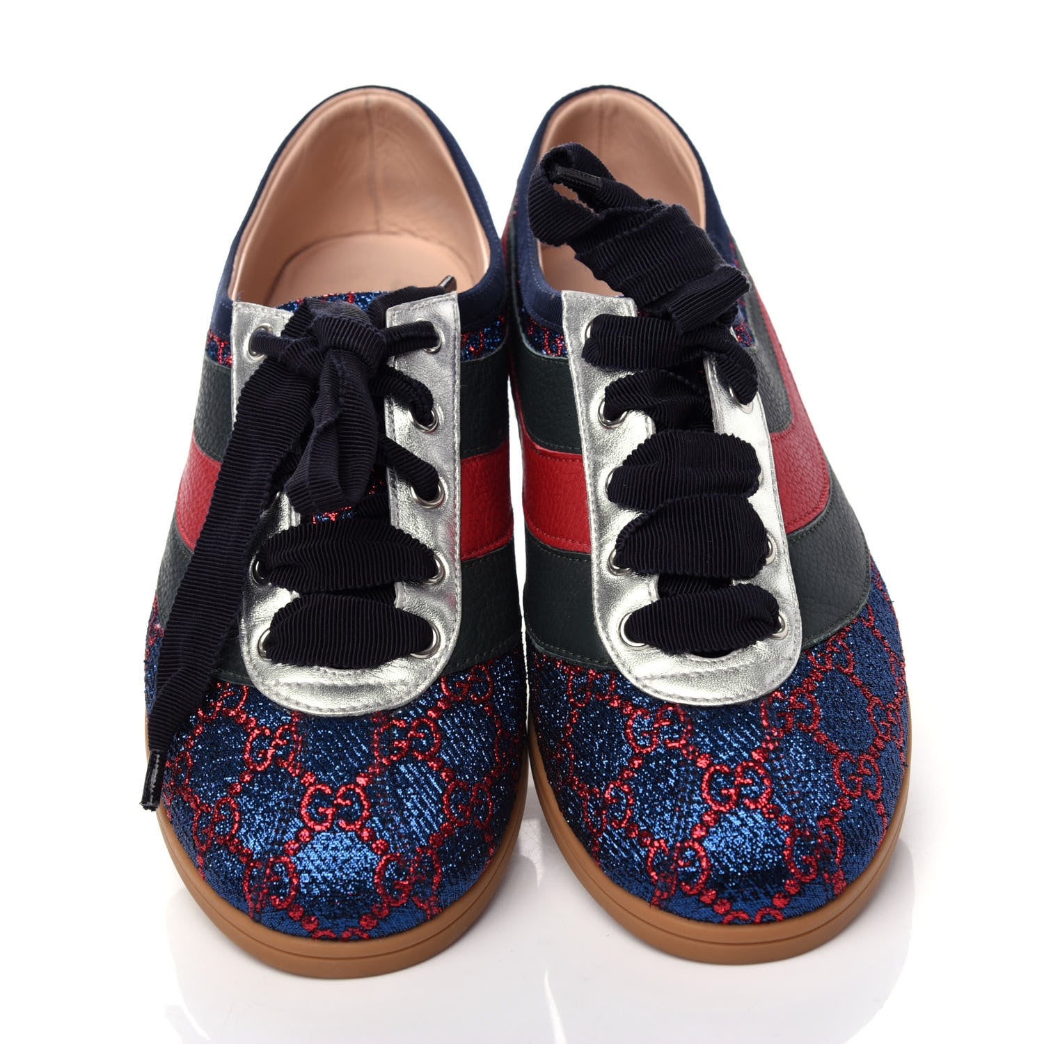 Gucci Lurex Calfskin Web GG Monogram Womens Falacer Sneakers 39 Iridescent Blue Iridescent Red Silver 5 of 12