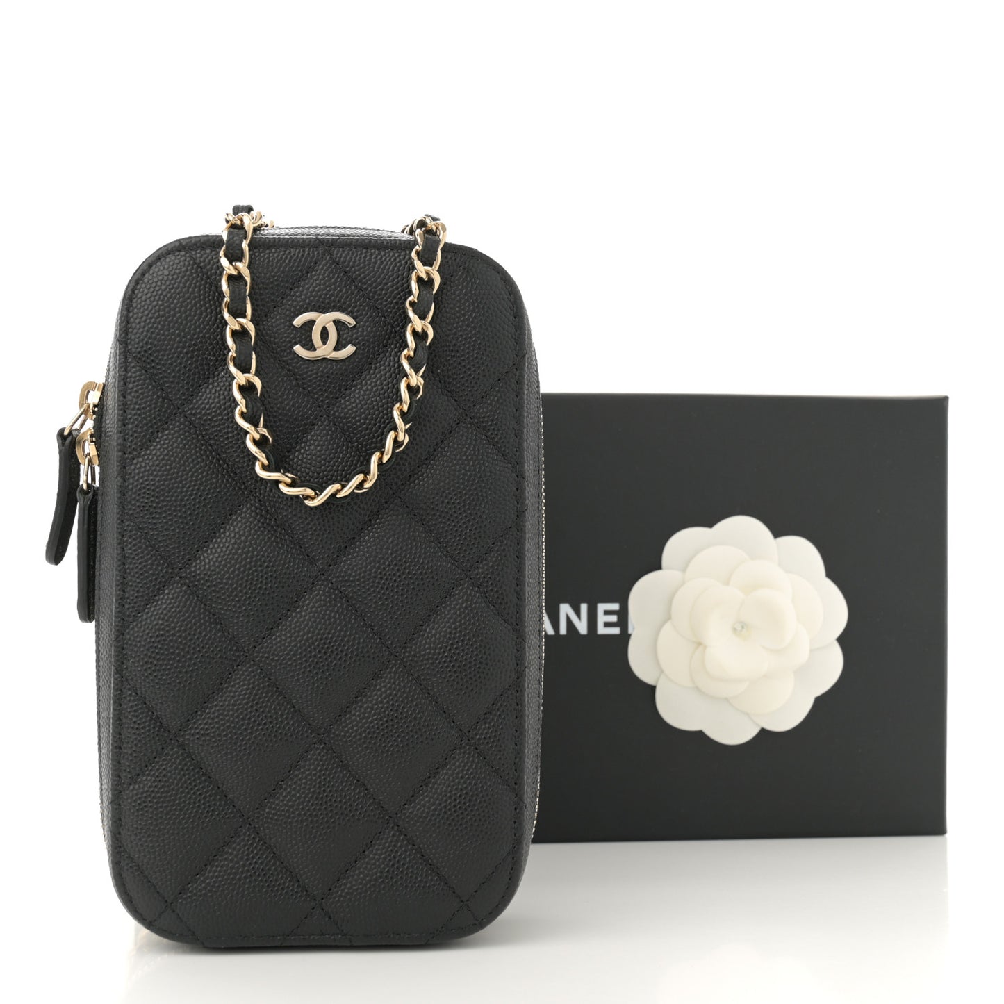 Caviar Quilted Phone Holder Wallet On Chain WOC Black