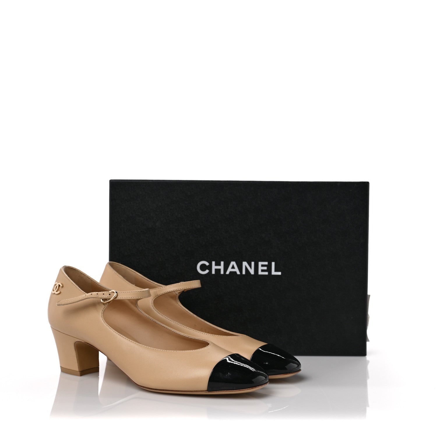 Chanel Patent Lambskin Cap Toe Mary Jane Mid Heel Strap Pumps 38