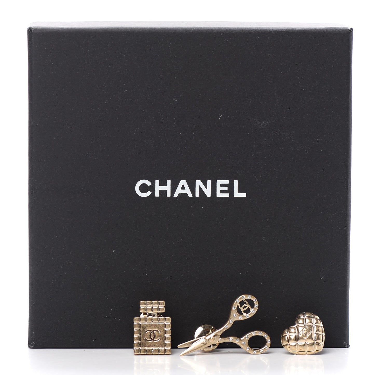 Metal Strass Crystal Quilted CC Heart Scissors Perfume Brooch Set Gold