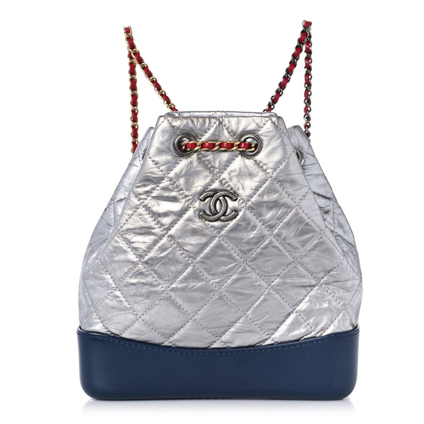 Metallic Aged Calfskin Quilted Small Gabrielle Backpack Silver Navy Red