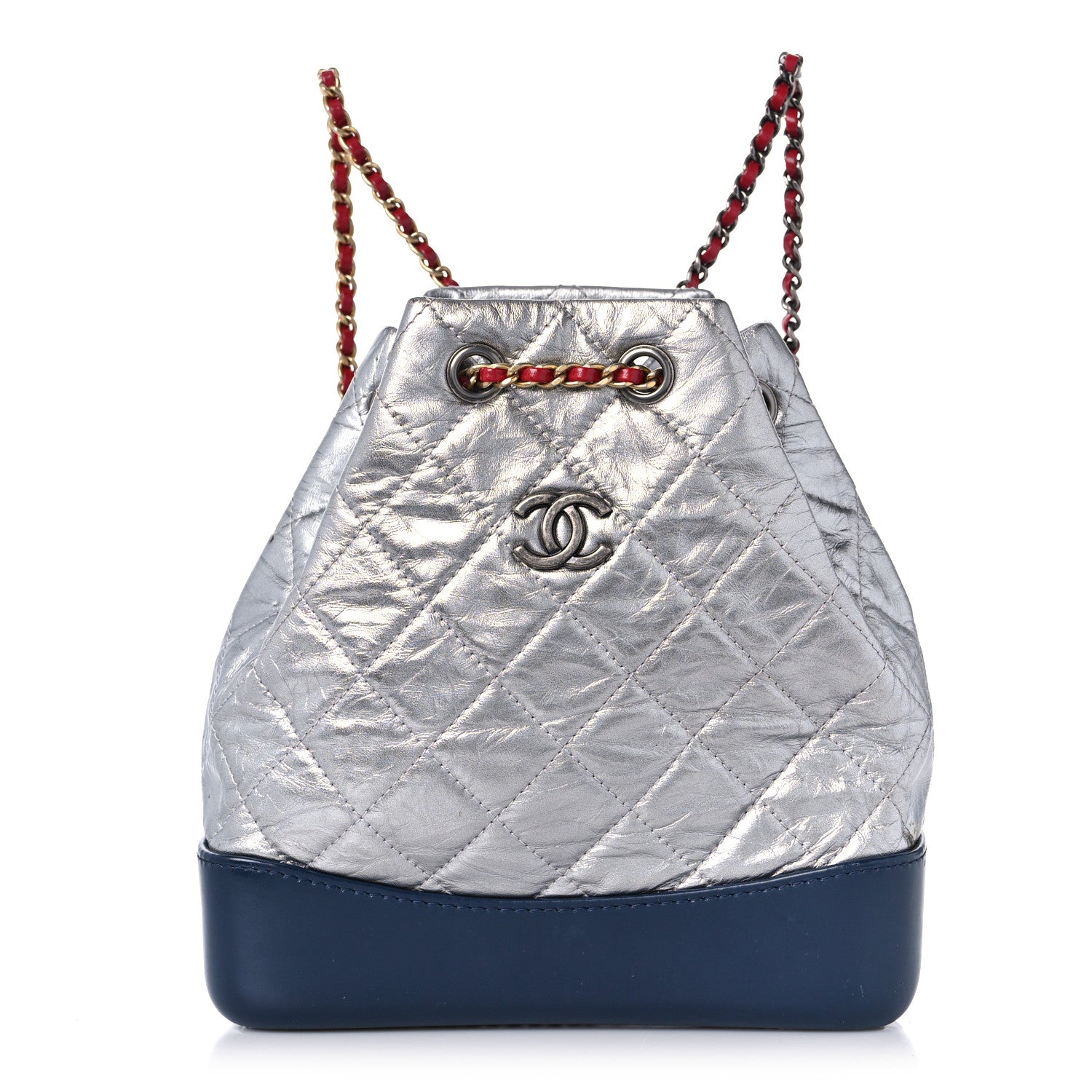 Chanel Metallic Aged Calfskin Quilted Small Gabrielle Backpack Silver Navy Red 1 of 9