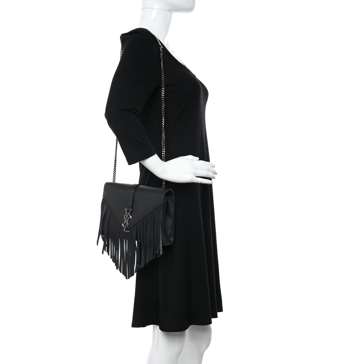 Saint Laurent Calfskin Fringe Medium Snake Monogram Satchel Black 3 of 9