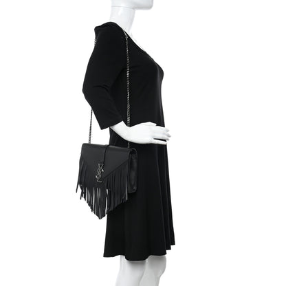 Saint Laurent Calfskin Fringe Medium Snake Monogram Satchel Black 3 of 9