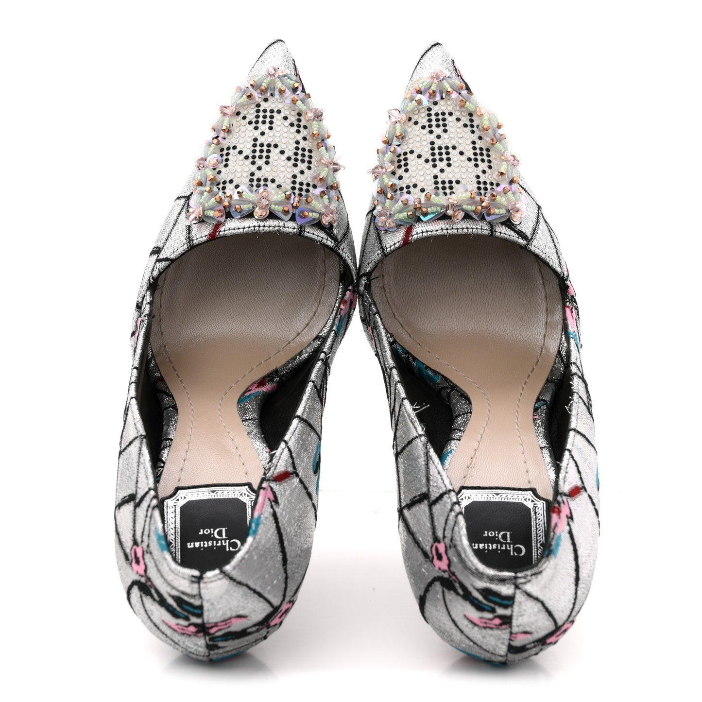 Lurex Embroidered Floral Pointed Toe Pumps 37 Silver Multicolor