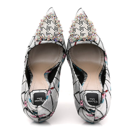 Christian Dior Lurex Embroidered Floral Pointed Toe Pumps 37 Silver Multicolor 2 of 12