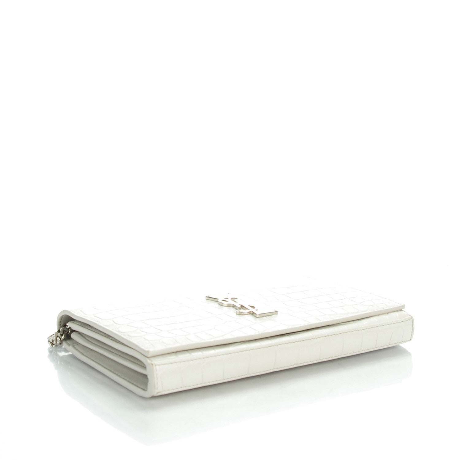 Saint Laurent SAINT LAUREN Calfskin Crocodile Embossed Monogram Chain Wallet Pearl White 4 of 9