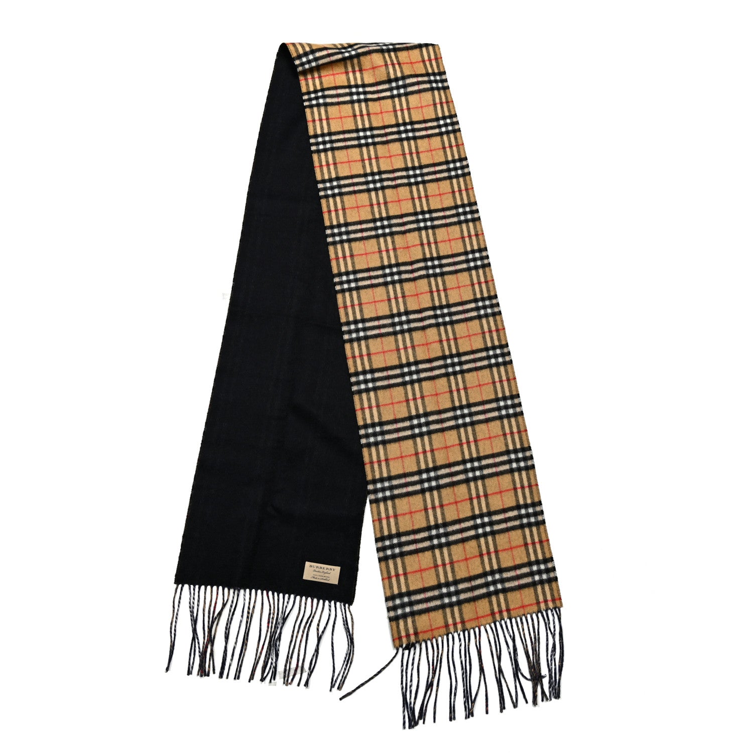Burberry Wool Cashmere Reversible House Check Fringe Scarf Camel 2 of 3