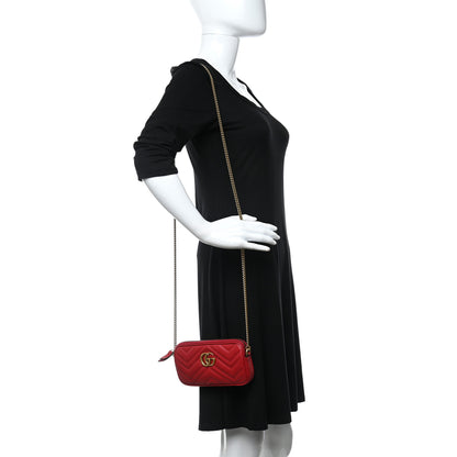 Gucci Calfskin Matelasse Mini GG Marmont Chain Crossbody Bag Hibiscus Red 2 of 13