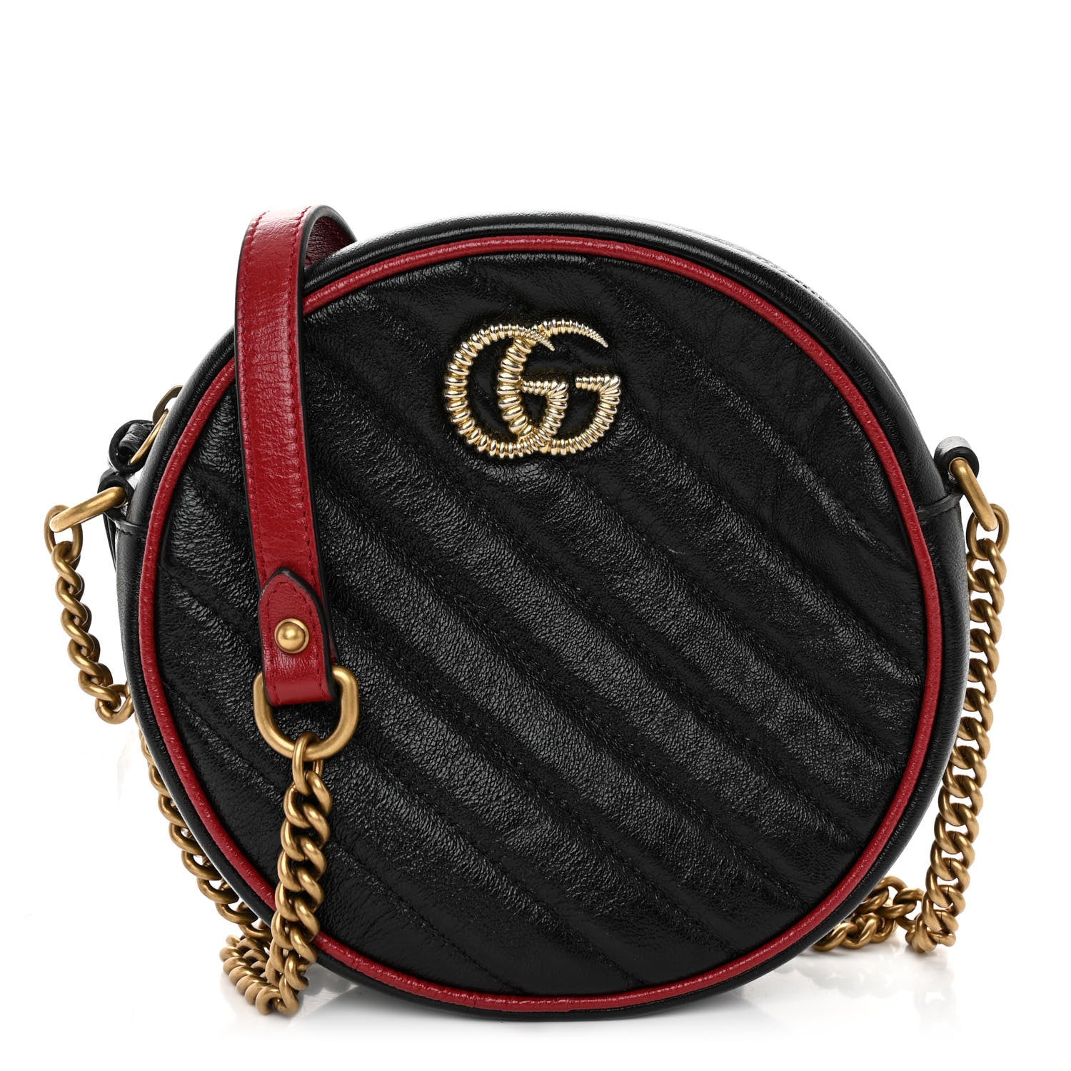 Gucci Vintage Effect Calfskin Matelasse Diagonal Mini Torchon GG Marmont Round Shoulder Bag Black Romantic Cherry 1 of 10