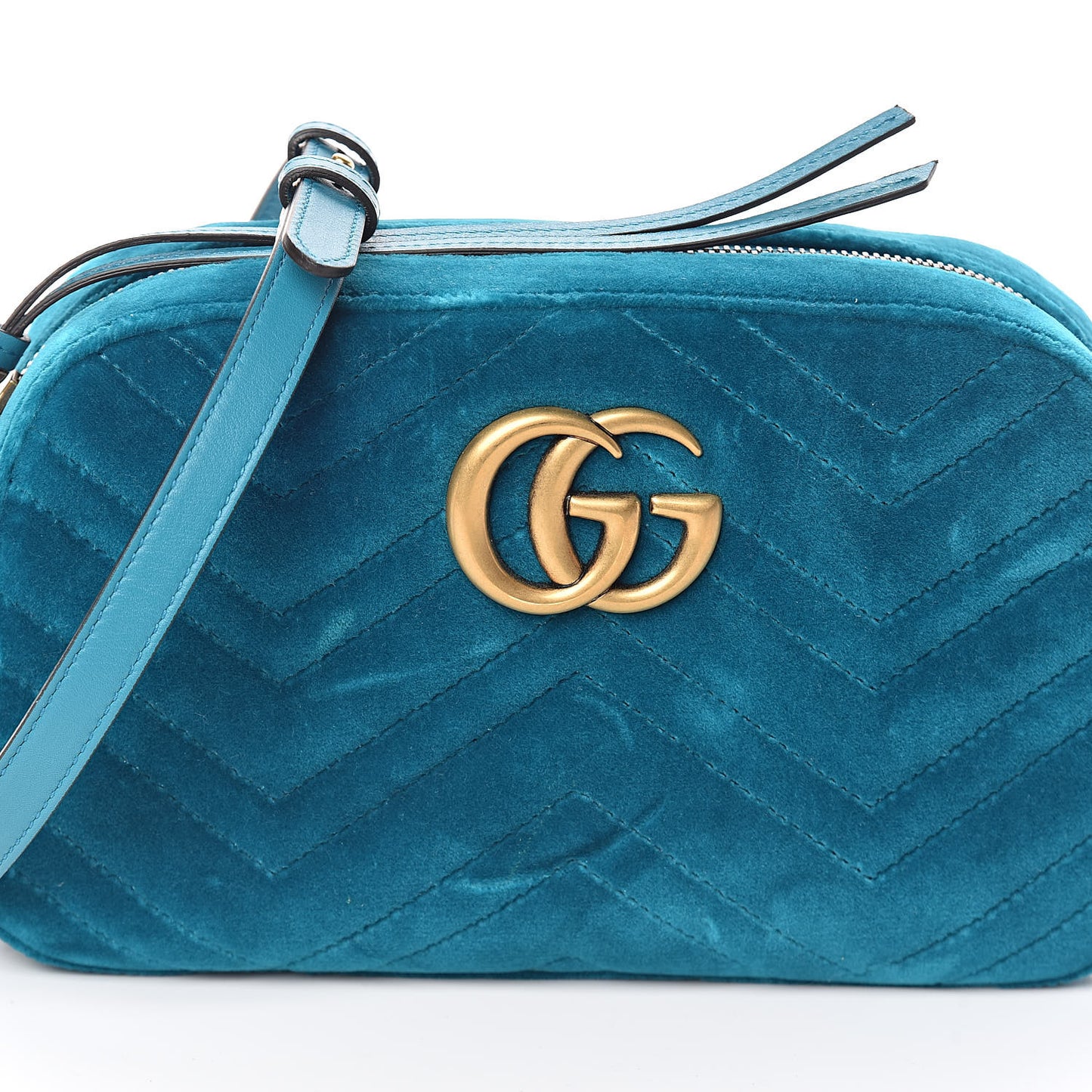 Velvet Matelasse Small GG Marmont Chain Shoulder Bag Pavone Cyan