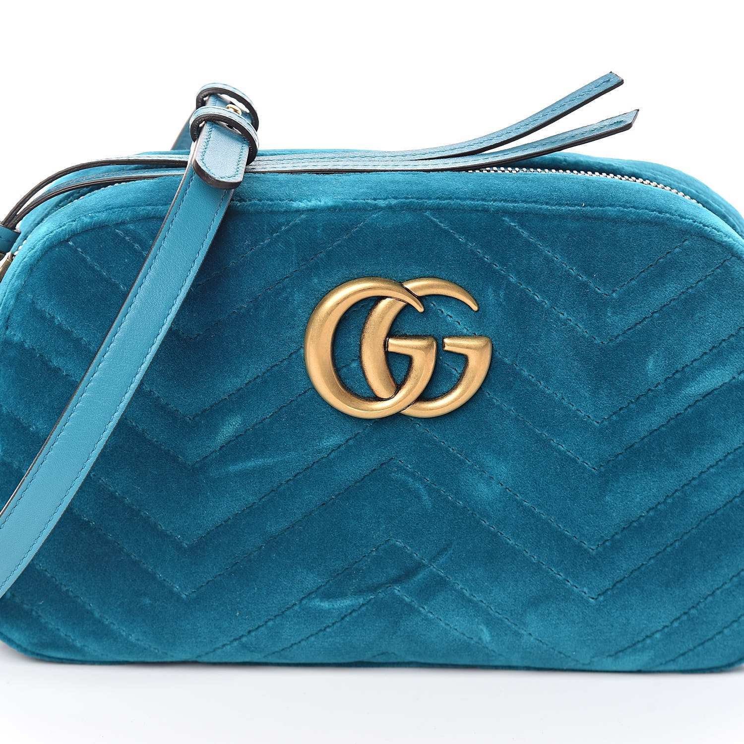 Gucci Velvet Matelasse Small GG Marmont Chain Shoulder Bag Pavone Cyan 7 of 9