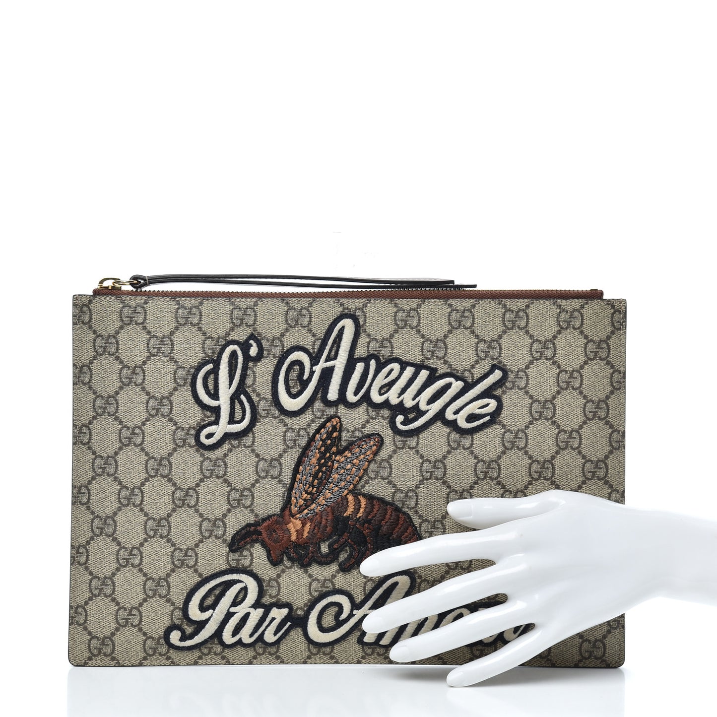 Calfskin GG Supreme Monogram Blind for Love Embroidered Large Zip Pouch Brown