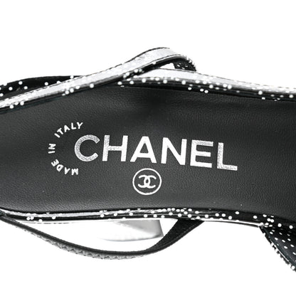Chanel Calfskin Camellia Printed Cap Toe CC Slingback Pumps 39.5 Black White 7 of 9
