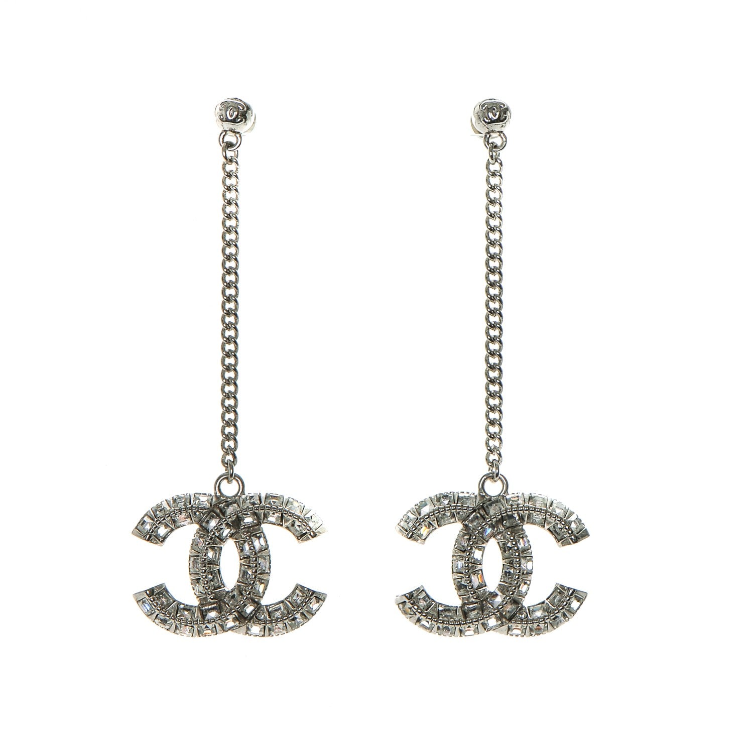 Chanel Baguette Crystal CC Dangle Earrings Silver 1 of 3