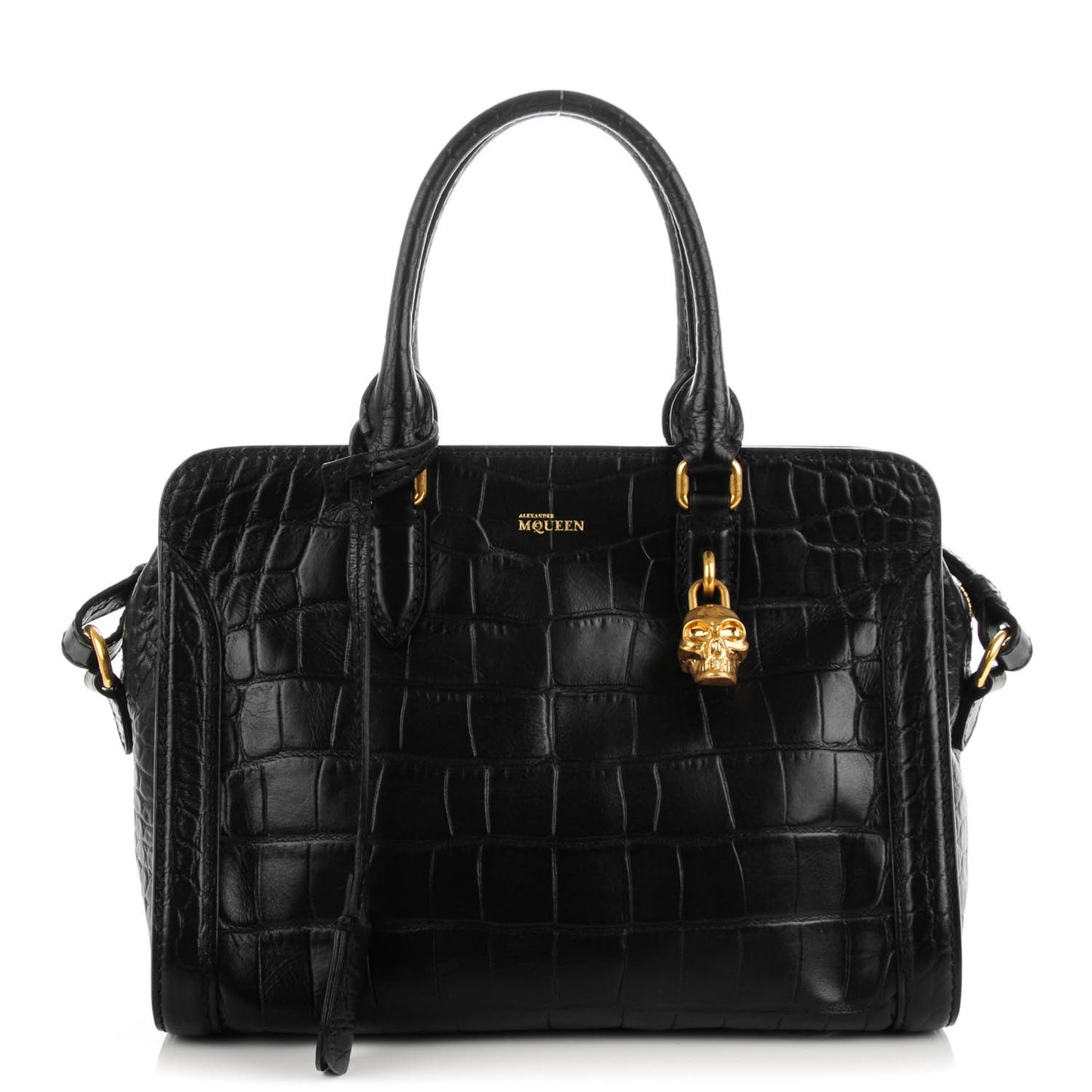Calfskin Crocodile Embossed Small Skull Padlock Zip Around Tote Black