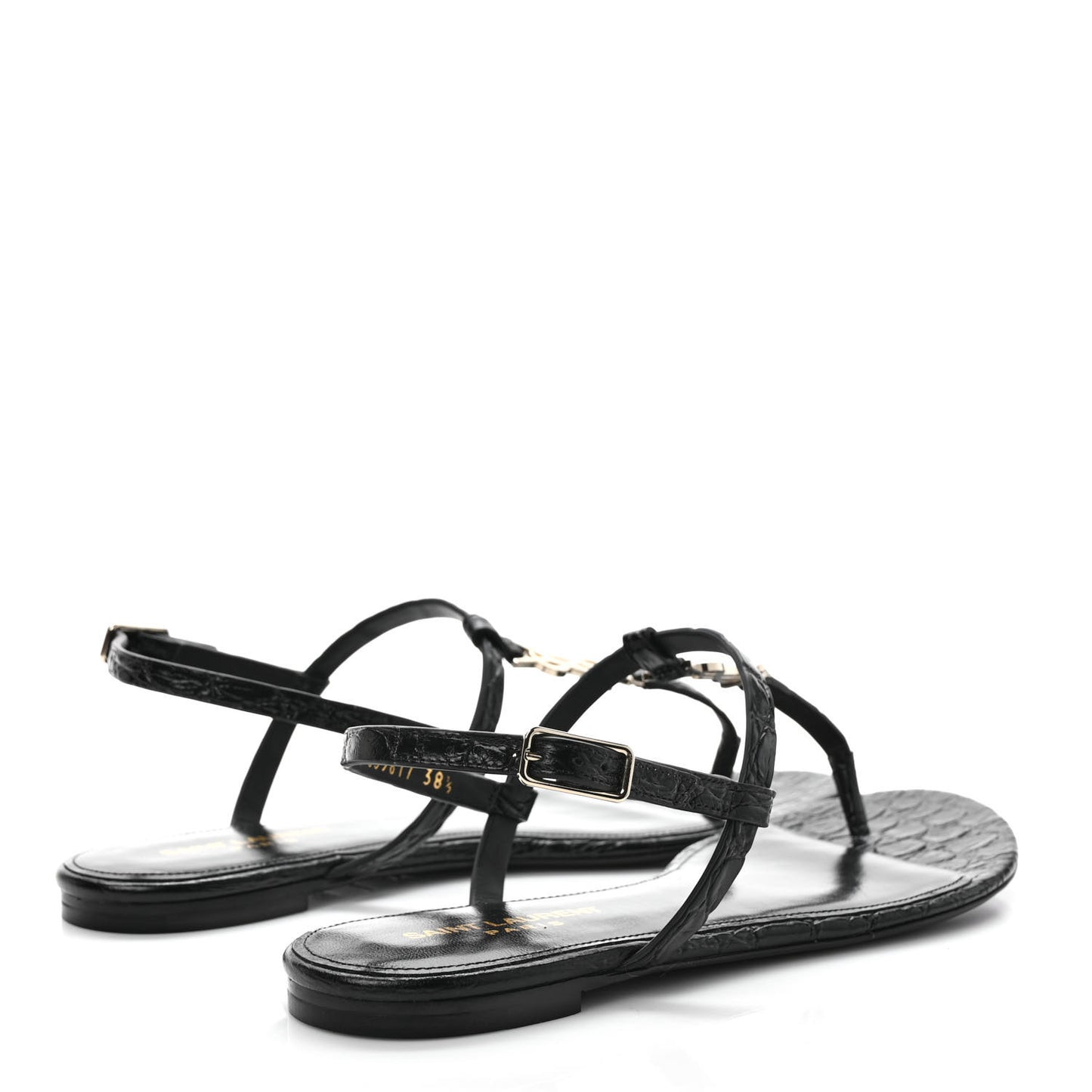 Calfskin Crocodile Embossed Cassandra Monogram Sandals 38.5 Black