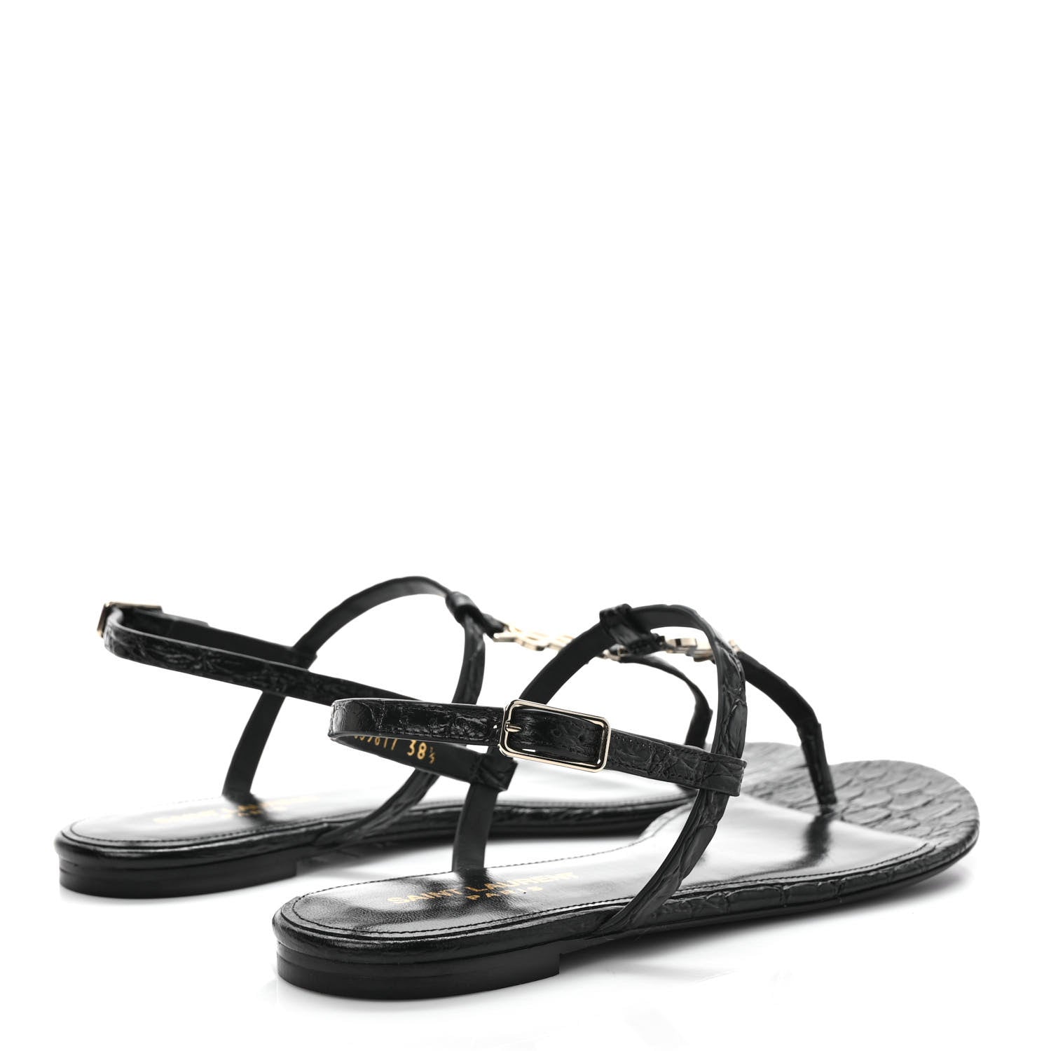 Saint Laurent Calfskin Crocodile Embossed Cassandra Monogram Sandals 38.5 Black 4 of 9