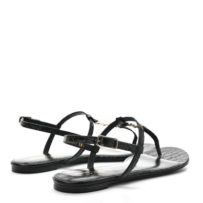 Saint Laurent Calfskin Crocodile Embossed Cassandra Monogram Sandals 38.5 Black 4 of 9