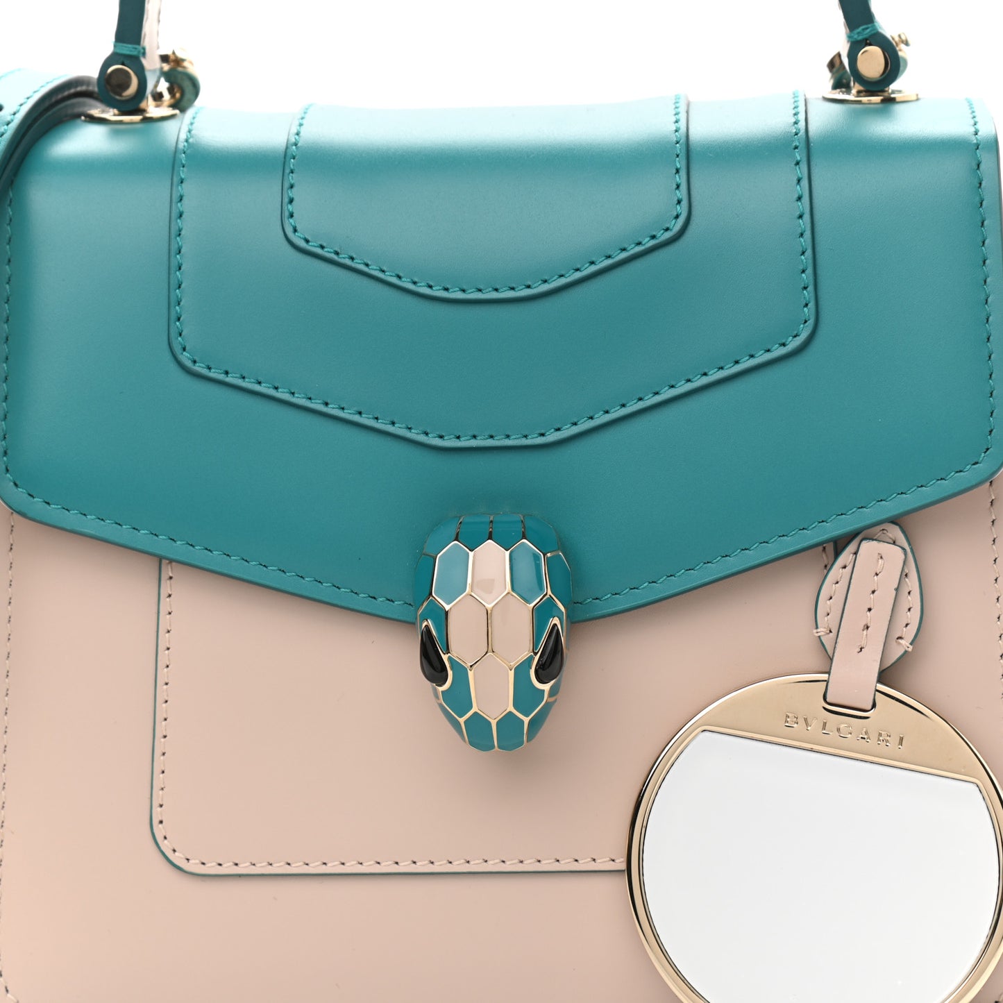 Calfskin Contrast Serpenti Forever Top Handle Tropical Turquoise Milky Opal