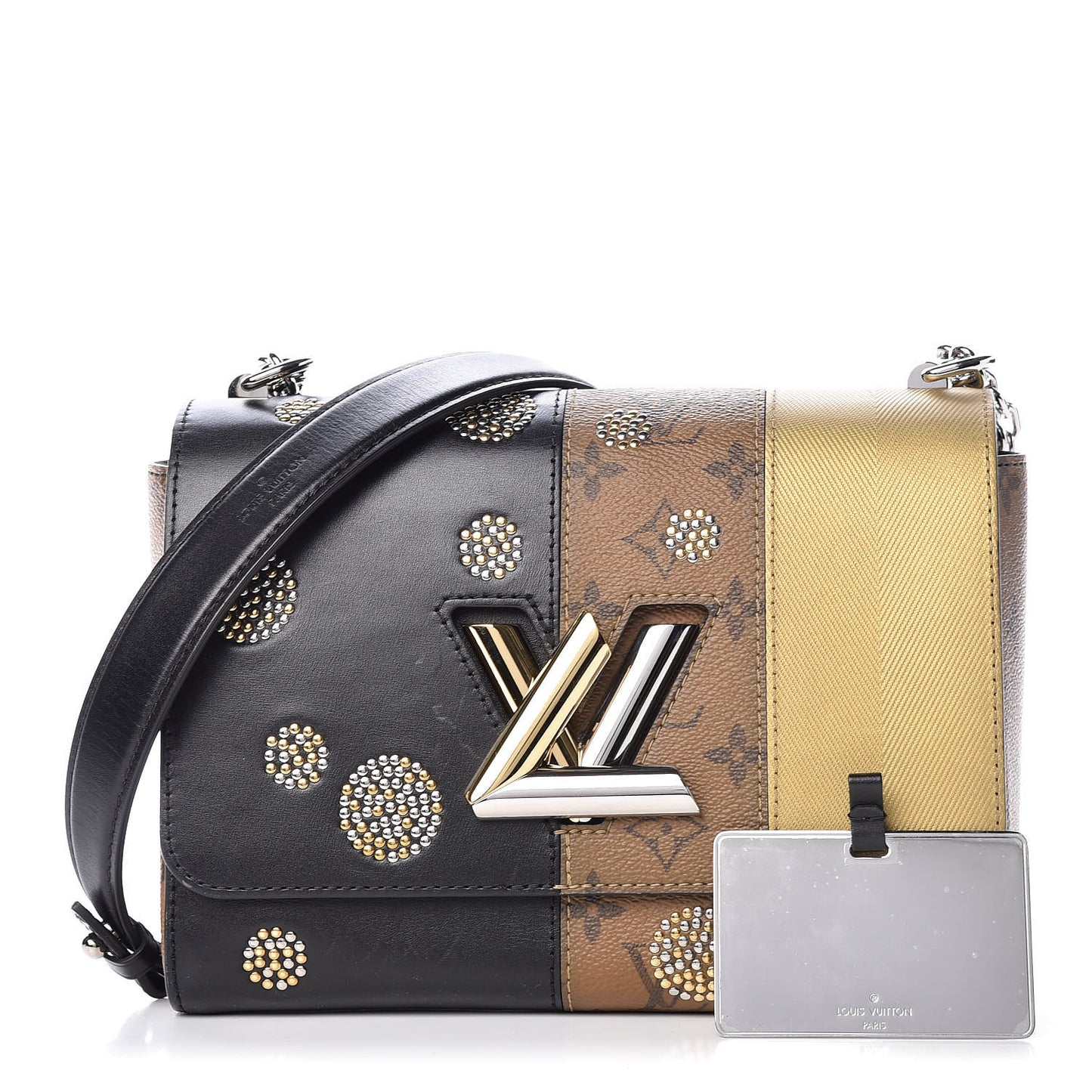 Calfskin Reverse Monogram Studded Twist Shoulder Bag MM Black Gold