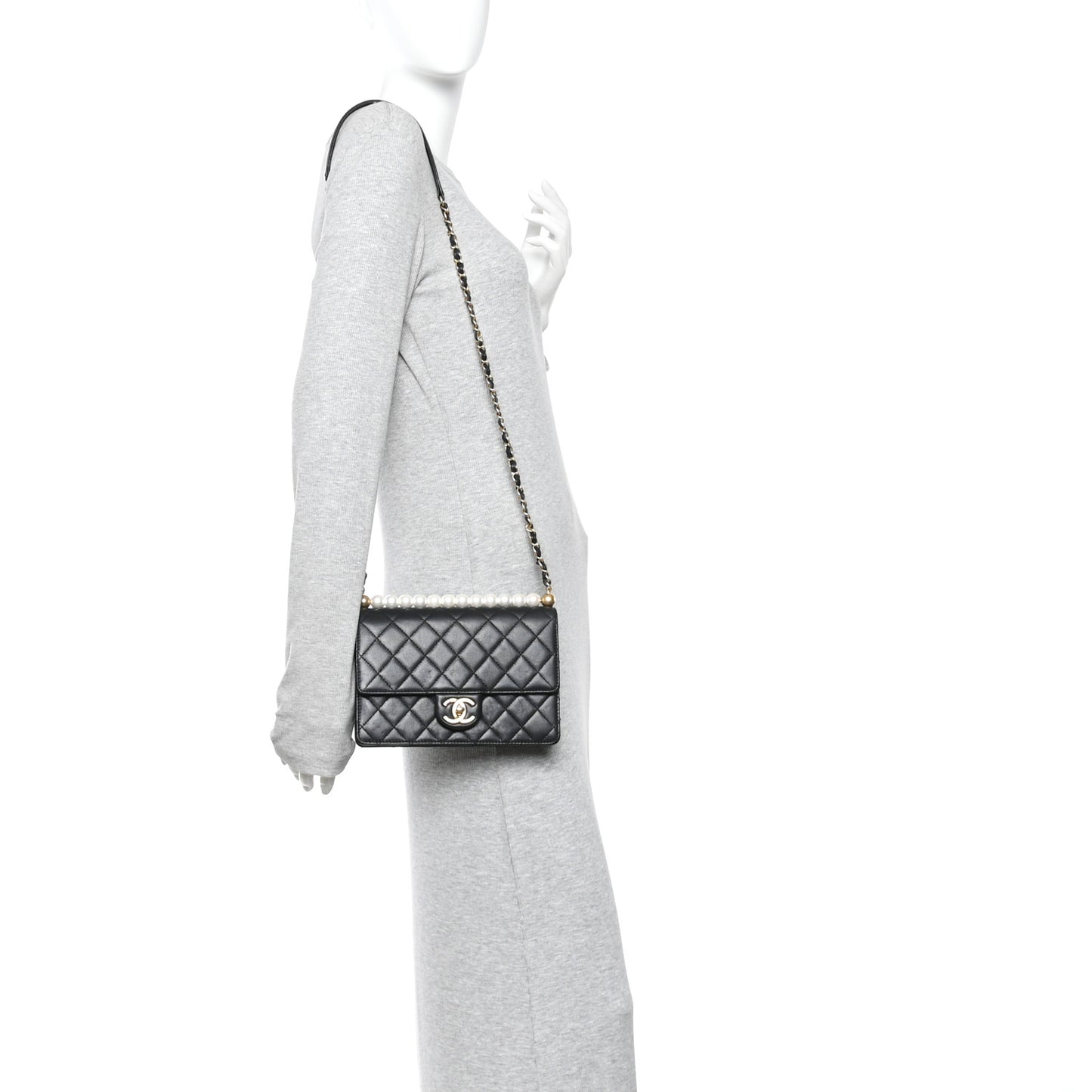 Goatskin Quilted Small Chic Pearls Flap Black