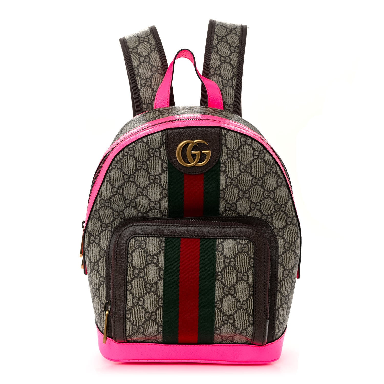 Gucci GG Supreme Monogram Textured Dollar Calfskin Web Small Ophidia Day Backpack Beige Ebony Fluorescent Fuchsia 1 of 9