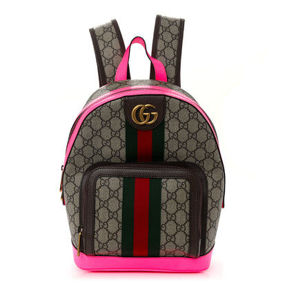 Gucci GG Supreme Monogram Textured Dollar Calfskin Web Small Ophidia Day Backpack Beige Ebony Fluorescent Fuchsia 1 of 9