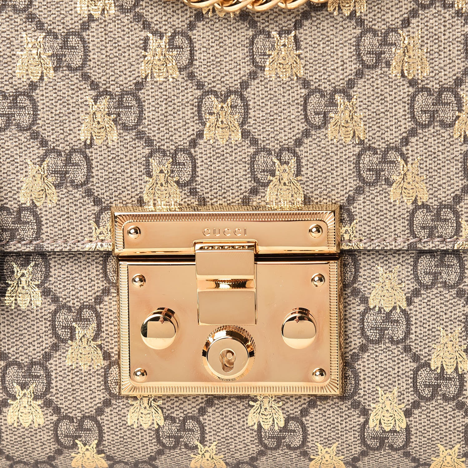 Gucci GG Supreme Monogram Bees Medium Padlock Shoulder Bag Beige Oro Black 8 of 12