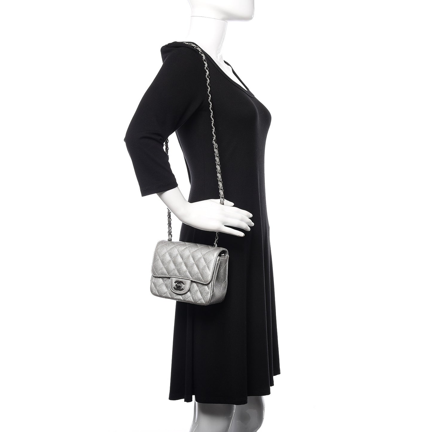 Metallic Caviar Quilted Mini Square Flap Silver