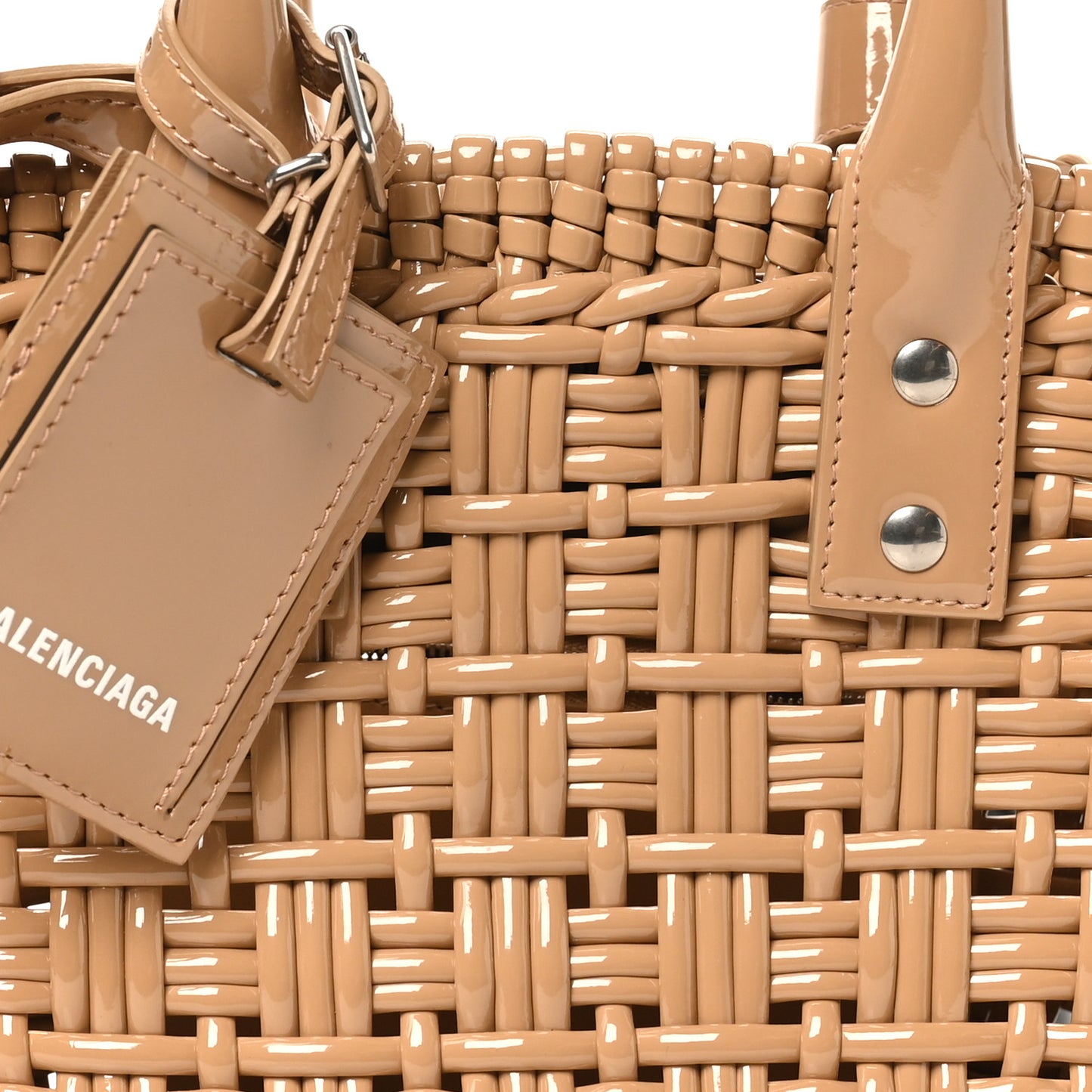 Varnished Faux Calfskin Braided XS Bistro Basket Beige