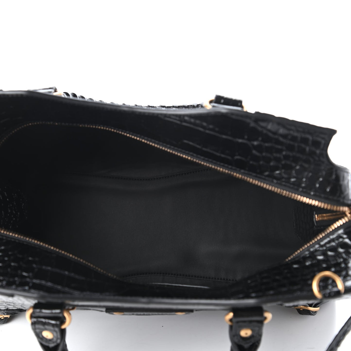 Shiny Supple Calfskin Crocodile Embossed Brass Hardware Neo Classic City Black