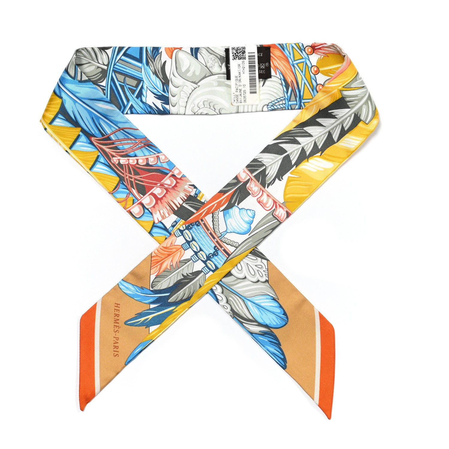 Hermes Silk La Danse Pacifique Twilly Jaune D'Or Kaki Orange 1 of 4