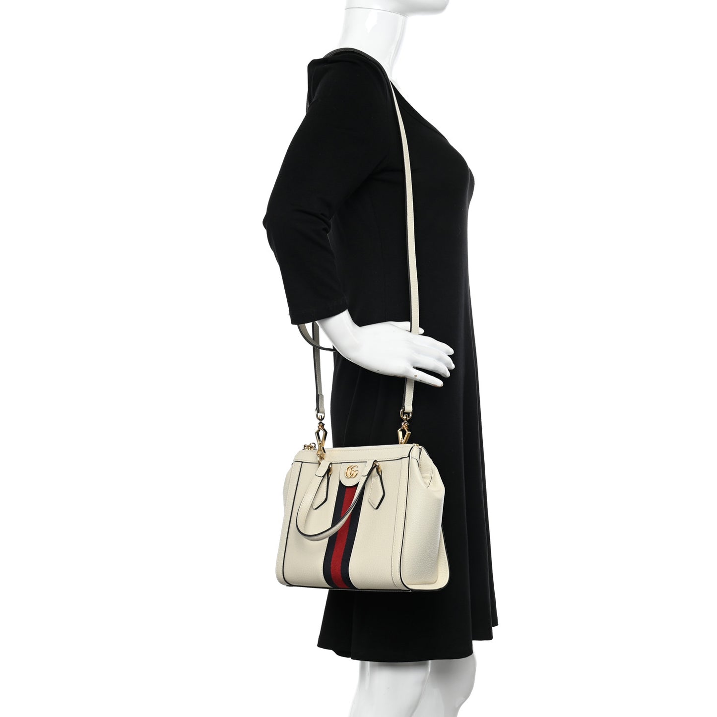 Textured Calfskin Web Small Ophidia Tote Bag Mystic White
