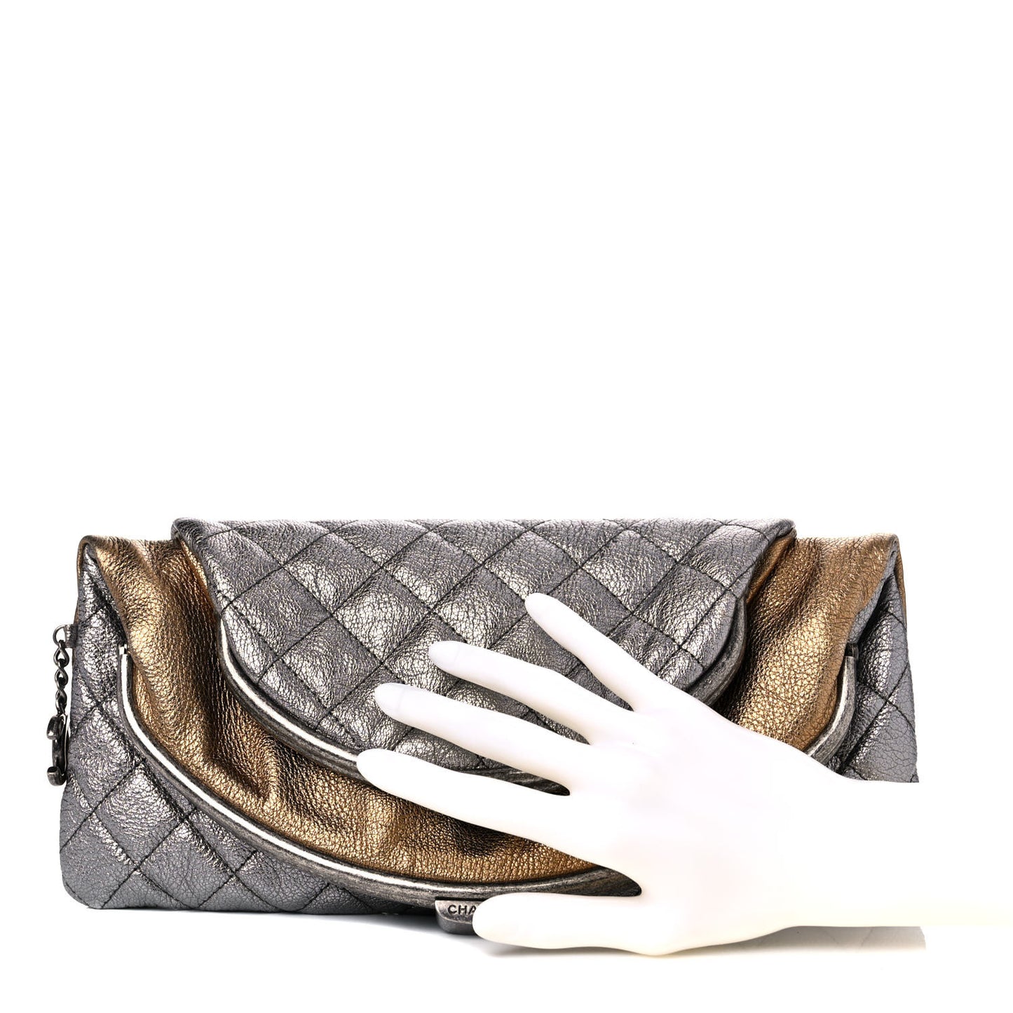 Metallic Goatskin Quilted Frame Clasp Flap Clutch Silver Gold