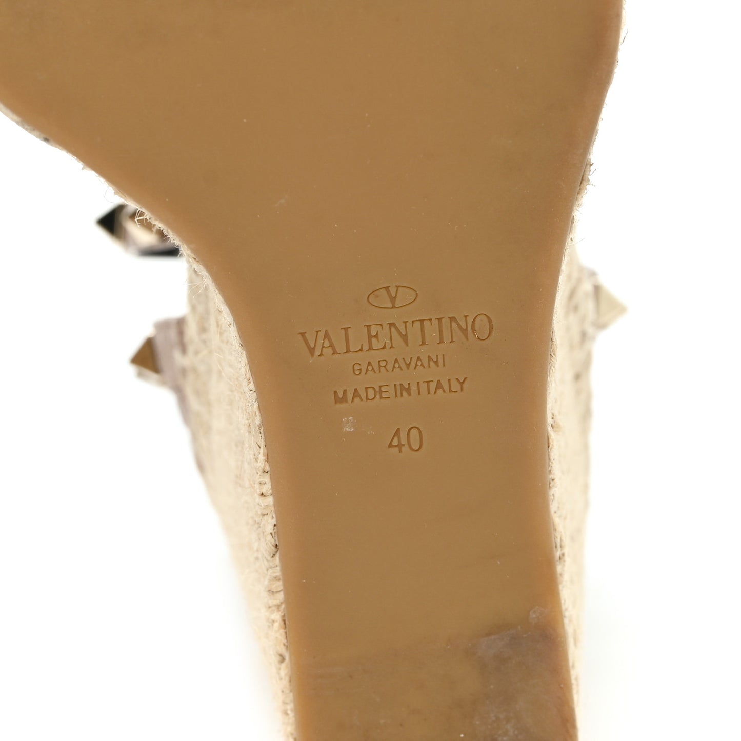 Grained Calfskin Rockstud Ankle Strap Espadrille 15/105mm Wedge Sandals 40 Poudre Natural