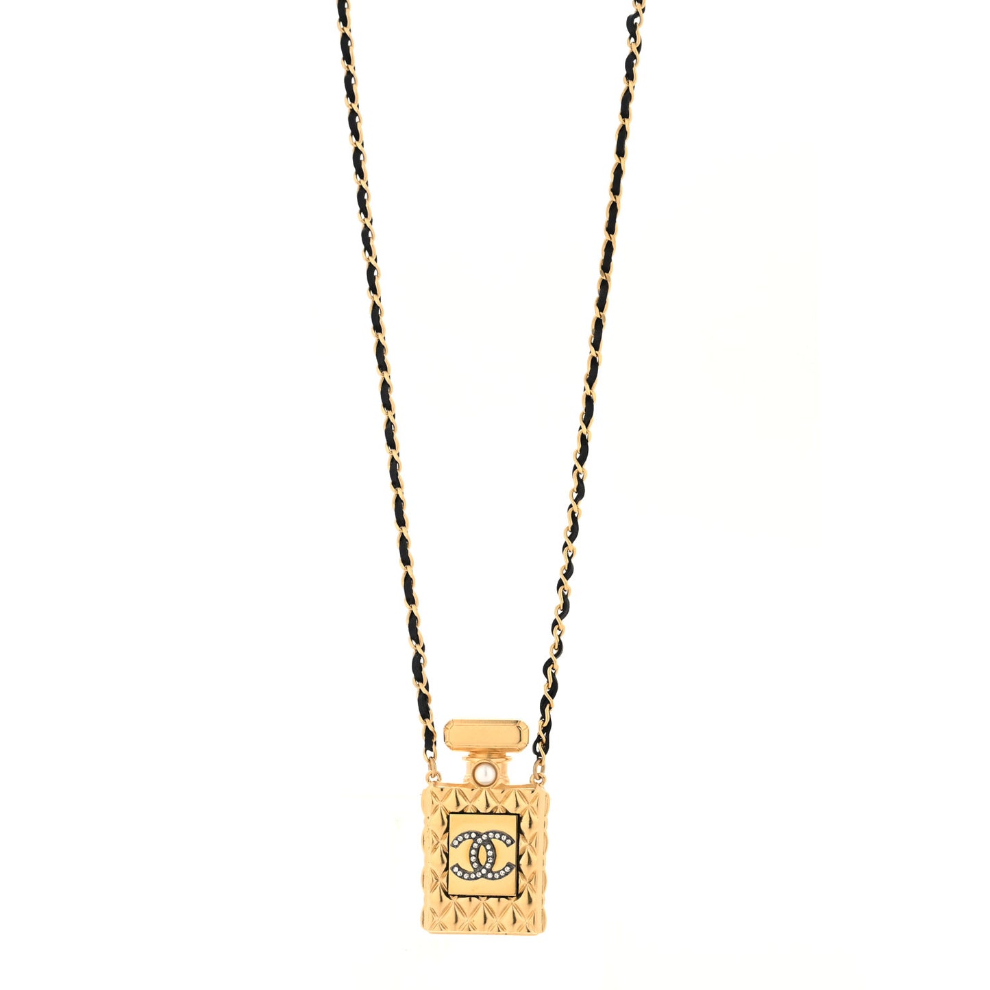 Crystal Pearl Perfume Bottle CC Necklace Black Gold